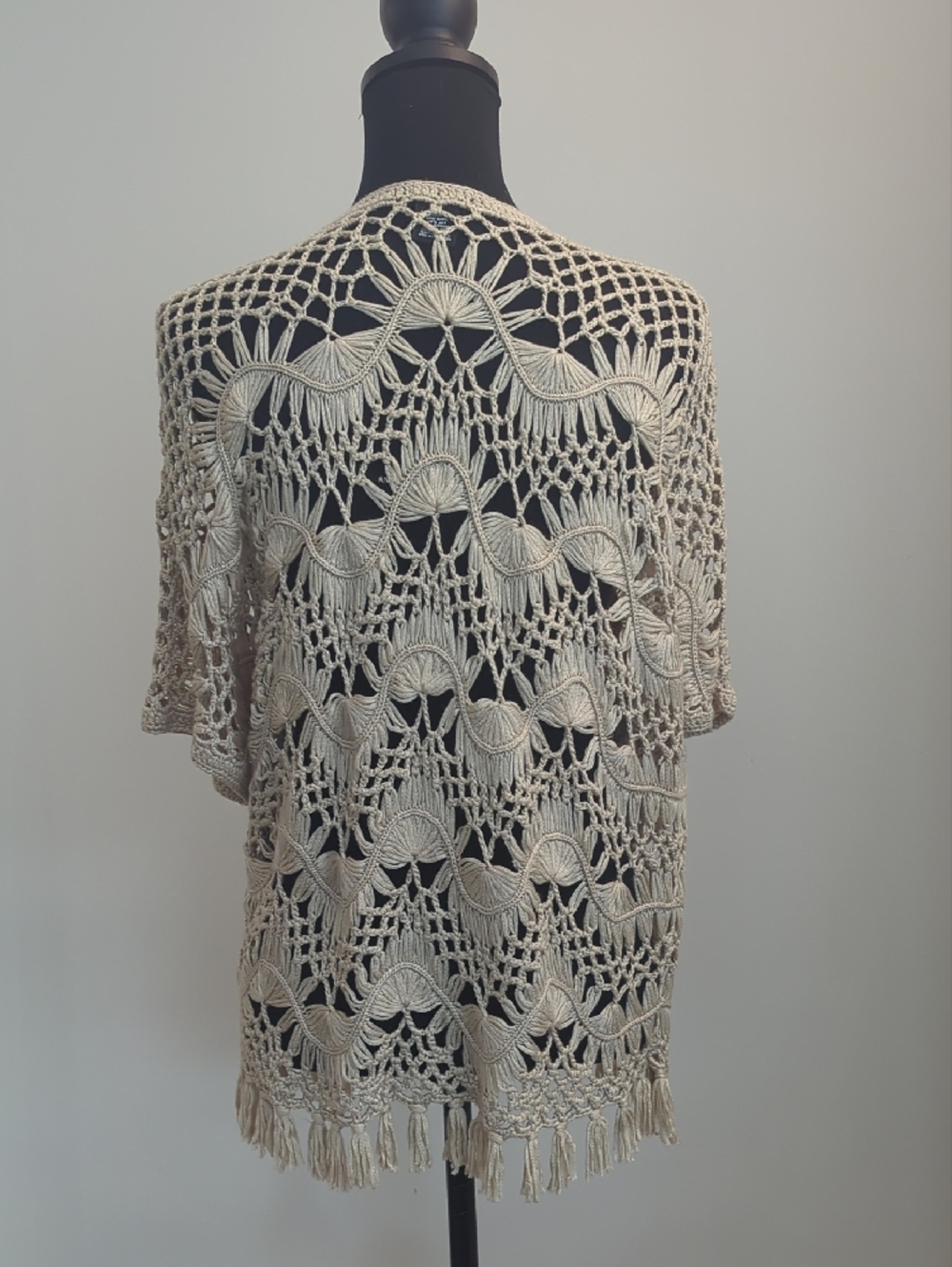 New Directions Bohemian Crochet Open Front Cardigan Fringe Trim Sweater XL - Picture 2 of 13